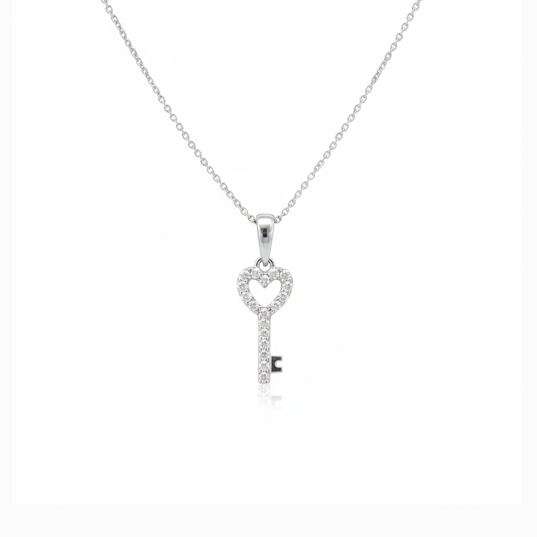 ✨ Diamond 0.10 CT Heart Key Necklace – 14KT White Gold ✨