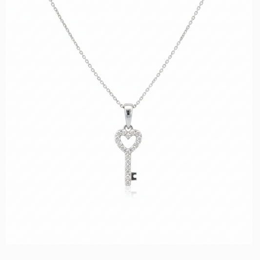 ✨ Diamond 0.10 CT Heart Key Necklace – 14KT White Gold ✨