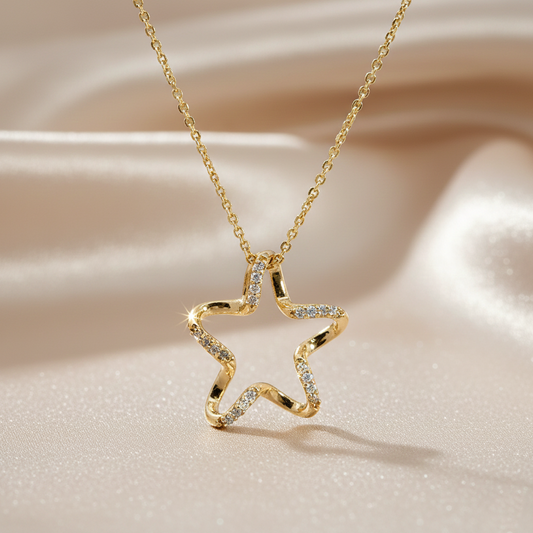 14KT YG Diamond Star Outline Necklace  0.05 CT