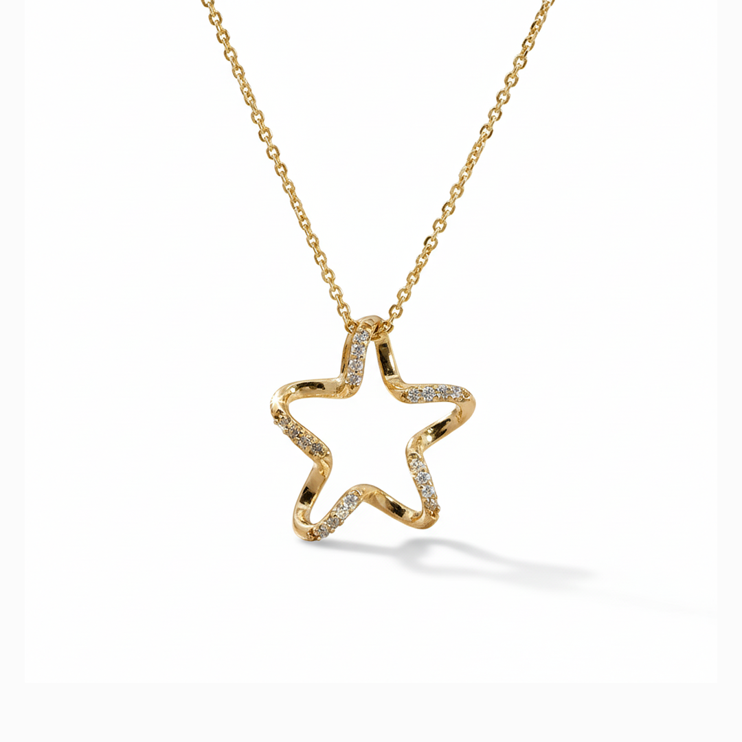 14KT YG Diamond Star Outline Necklace  0.05 CT