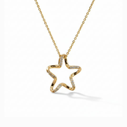 14KT YG Diamond Star Outline Necklace  0.05 CT
