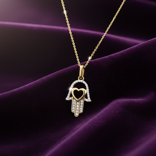 💎 14KT Gold Heart Hamsa Diamond Pendant – 0.12 CT