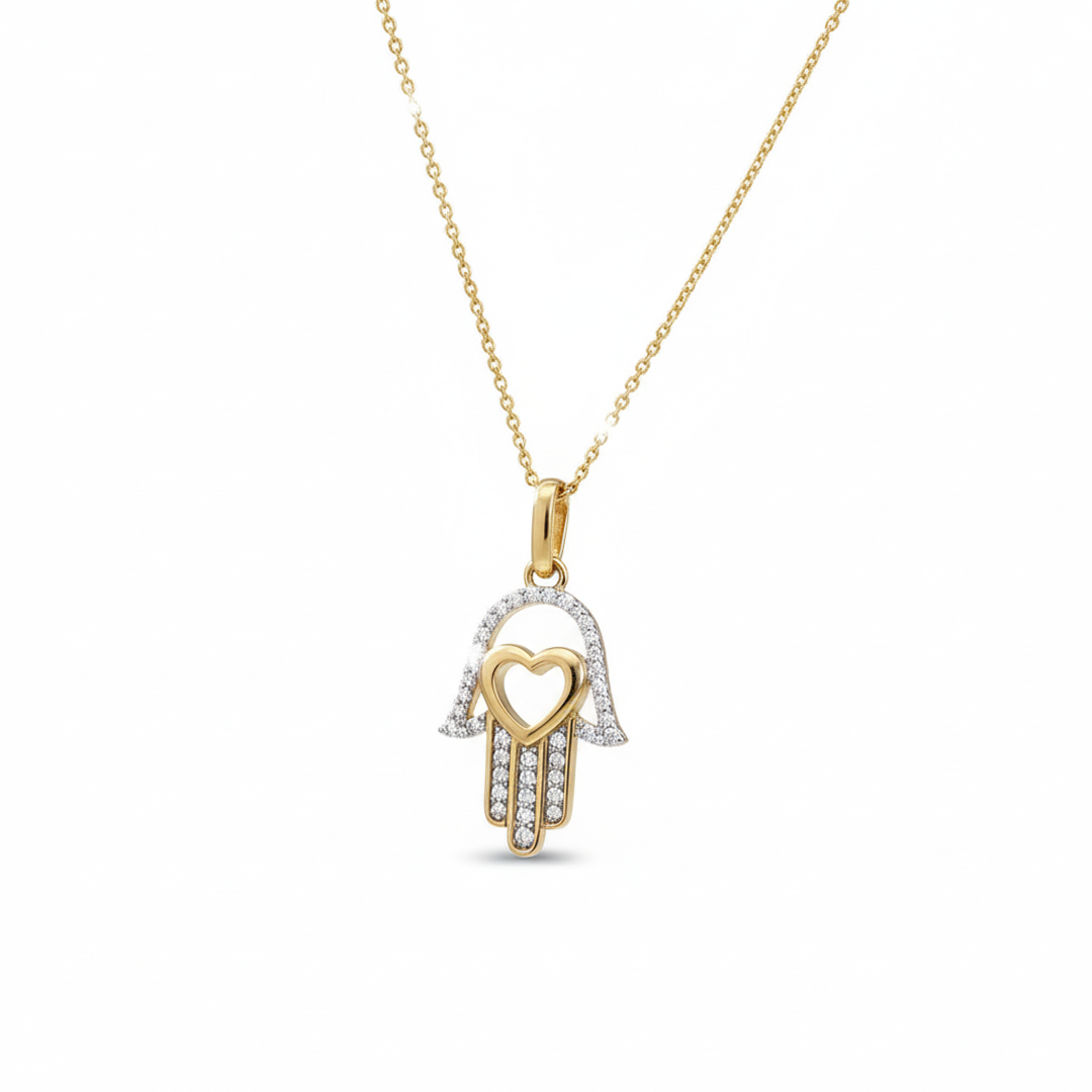 💎 14KT Gold Heart Hamsa Diamond Pendant – 0.12 CT
