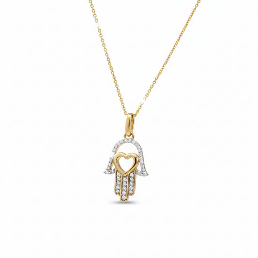 💎 14KT Gold Heart Hamsa Diamond Pendant – 0.12 CT