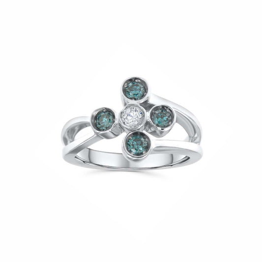 14K White Gold Blue & White Diamond Floral Ring – 0.50 CT Blue, 0.25 CT White