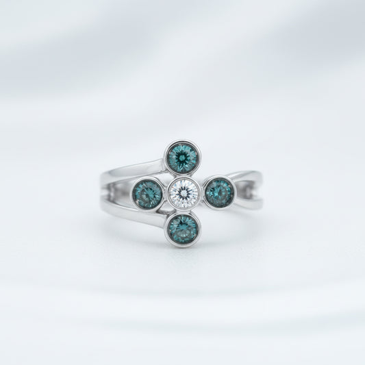 14K White Gold Blue & White Diamond Floral Ring – 0.50 CT Blue, 0.25 CT White