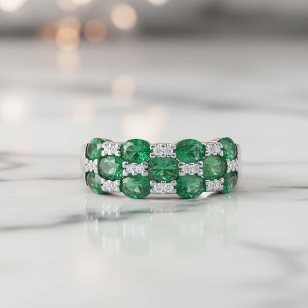 14KT White Gold Oval Emerald (1.75 cts) and Diamond (0.08 cts) Band Ring