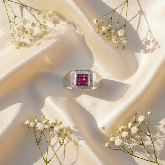 14KT Yellow Gold Men’s Ring Featuring 1.71ct Baguette Rubies and 0.36ct Sparkling Diamonds