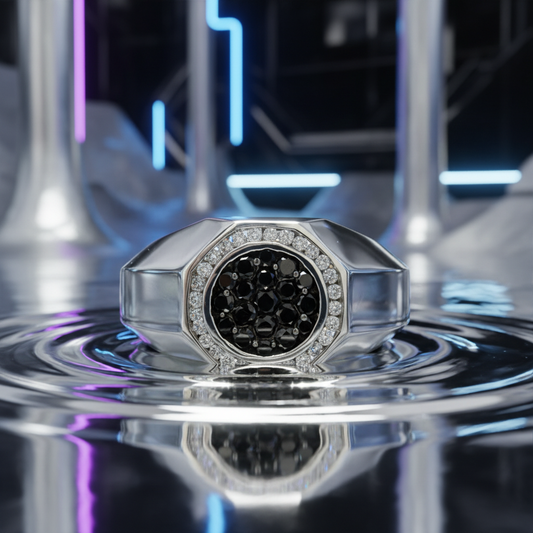14KT White Gold Men’s Ring – 1.25ct Black Diamond Cluster with Sparkling White Diamond Halo