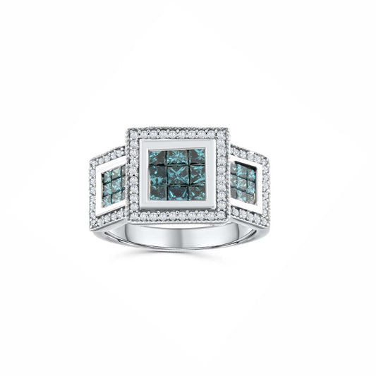 14K White Gold Blue & White Diamond Triple Cluster Ring – 2.00 Total Carats of Modern Luxury