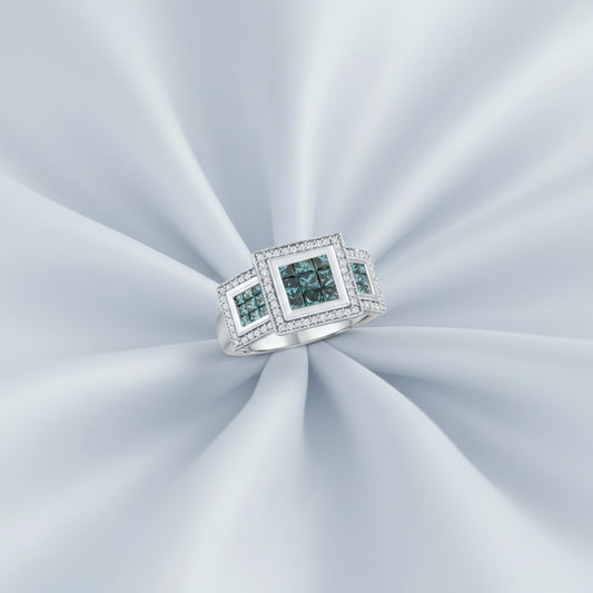14K White Gold Blue & White Diamond Triple Cluster Ring – 2.00 Total Carats of Modern Luxury