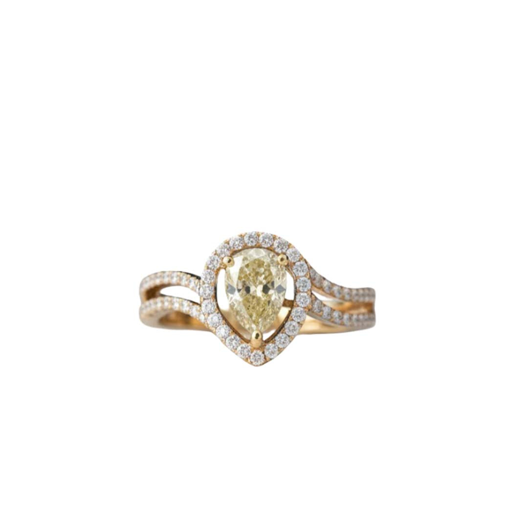 18KT Gold Pear-Shaped Yellow Diamond Halo Ring with 1.05ct Center and 0.82ct White Diamonds