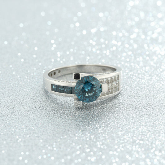 14K White Gold Blue Diamond Ring – 1.00 CT Blue, 1.03 CT White Diamonds, Channel Set
