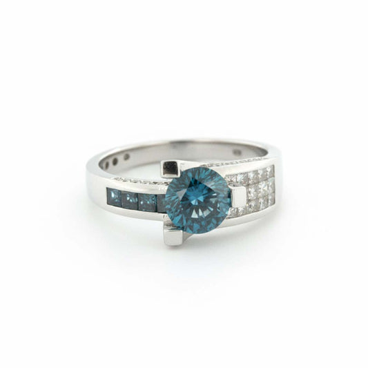 14K White Gold Blue Diamond Ring – 1.00 CT Blue, 1.03 CT White Diamonds, Channel Set