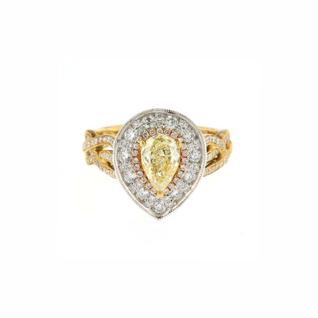 18KT Gold Pear-Shaped Halo Ring with 0.72ct Fancy Yellow Diamond and 1.00ct White Diamonds