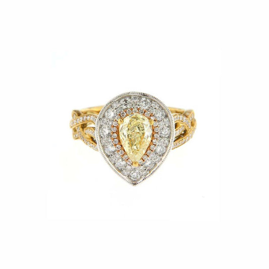 18KT Gold Pear-Shaped Halo Ring with 0.72ct Fancy Yellow Diamond and 1.00ct White Diamonds