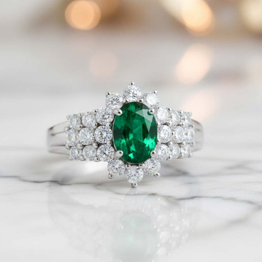 14K White Gold 1.28 CT Oval-Cut Emerald and 1.55 CT Diamond Ring