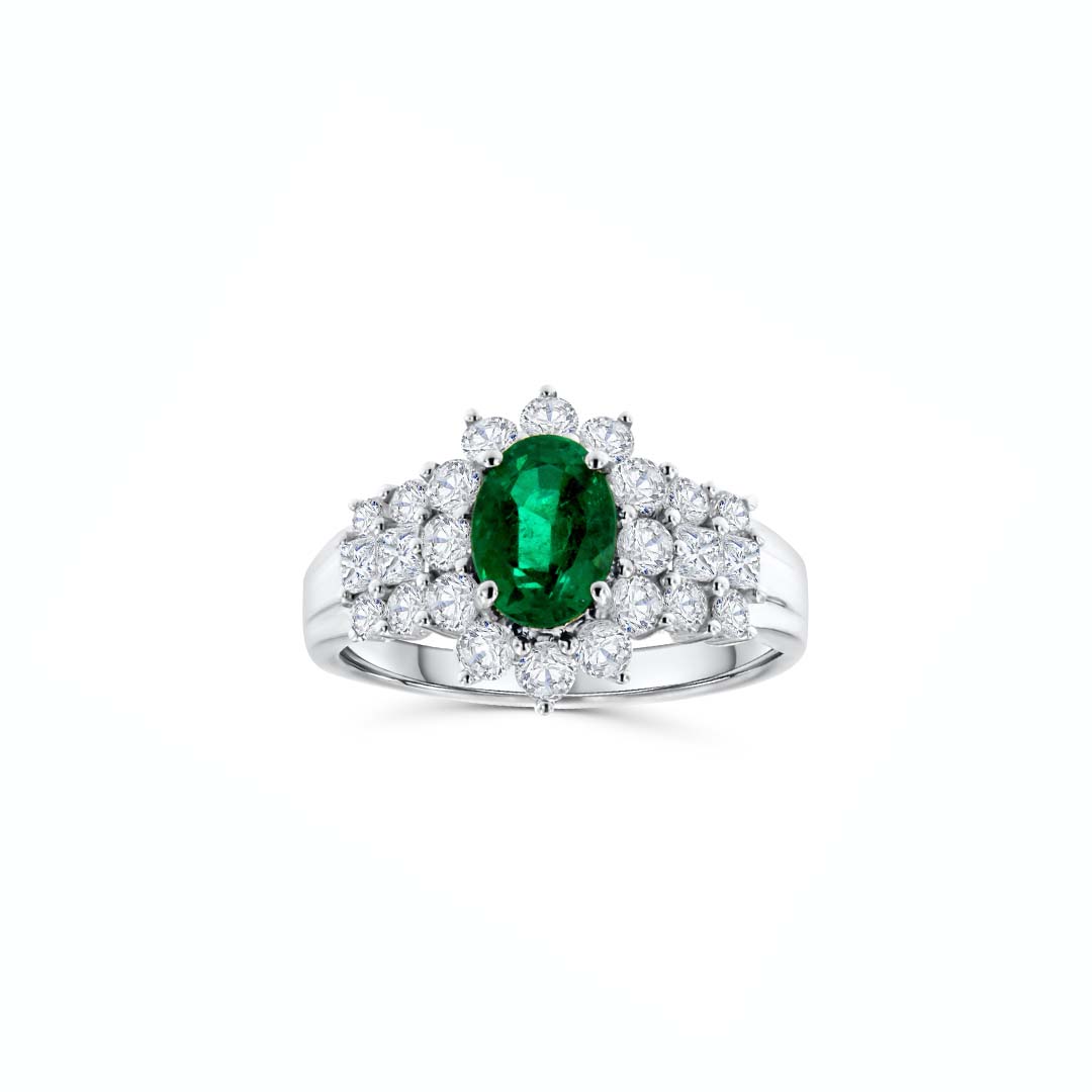 14K White Gold 1.28 CT Oval-Cut Emerald and 1.55 CT Diamond Ring