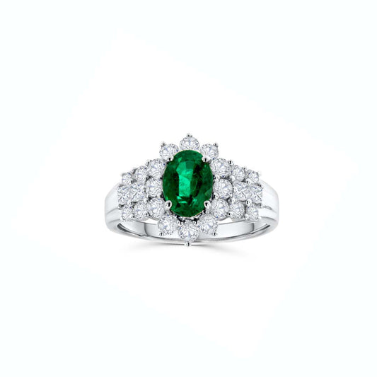 14K White Gold 1.28 CT Oval-Cut Emerald and 1.55 CT Diamond Ring
