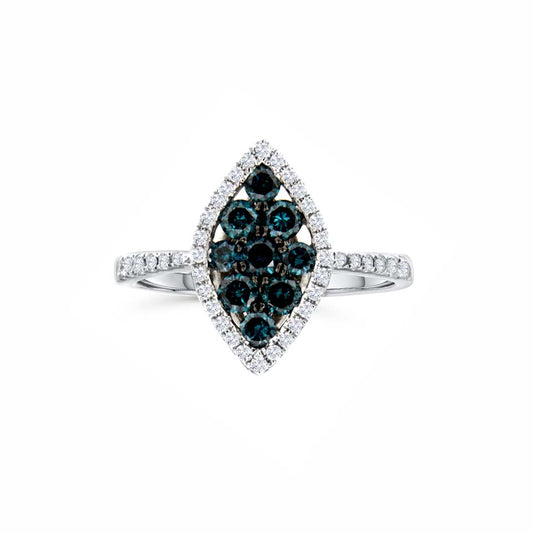 14K White Gold Blue Diamond Marquise Cluster Ring – 1.19 CT Blue, Halo Split Shank