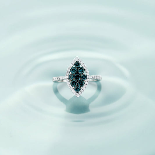 14K White Gold Blue Diamond Marquise Cluster Ring – 1.19 CT Blue, Halo Split Shank