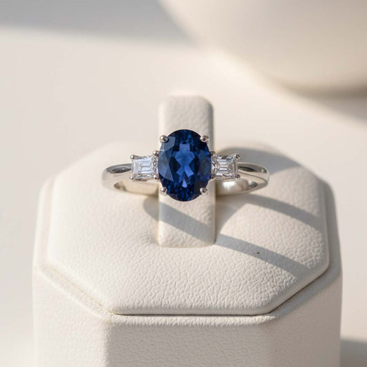 18K White Gold Tanzanite Ring | Oval 2.25 ct Tanzanite with Trapezoid Diamond Accents 0.41 ct Total