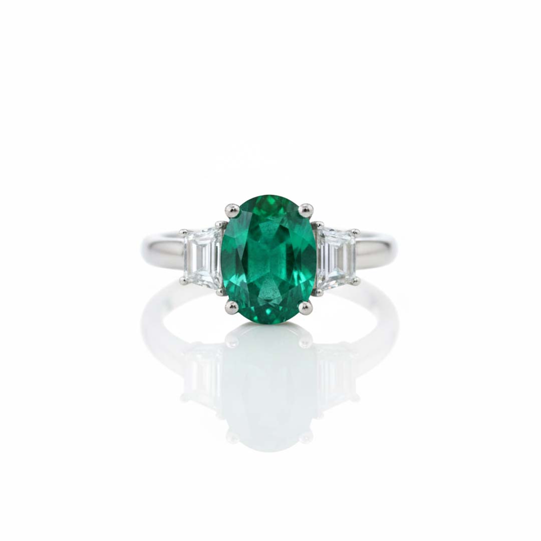 18KT White Gold Oval-Cut Emerald and Trapezoid Diamond Ring