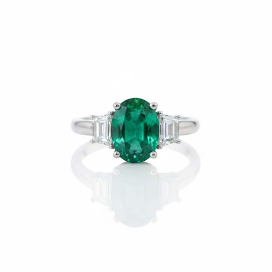 18KT White Gold Oval-Cut Emerald and Trapezoid Diamond Ring