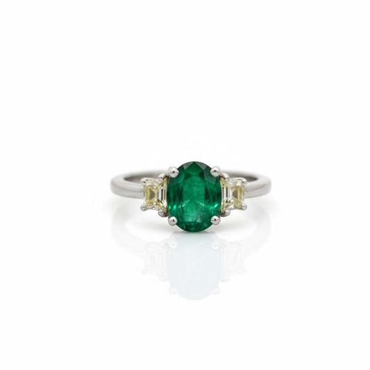 14KT White Gold Oval-Cut Emerald and Trapezoid Yellow Diamond Ring (1.86ct / 0.50ct)