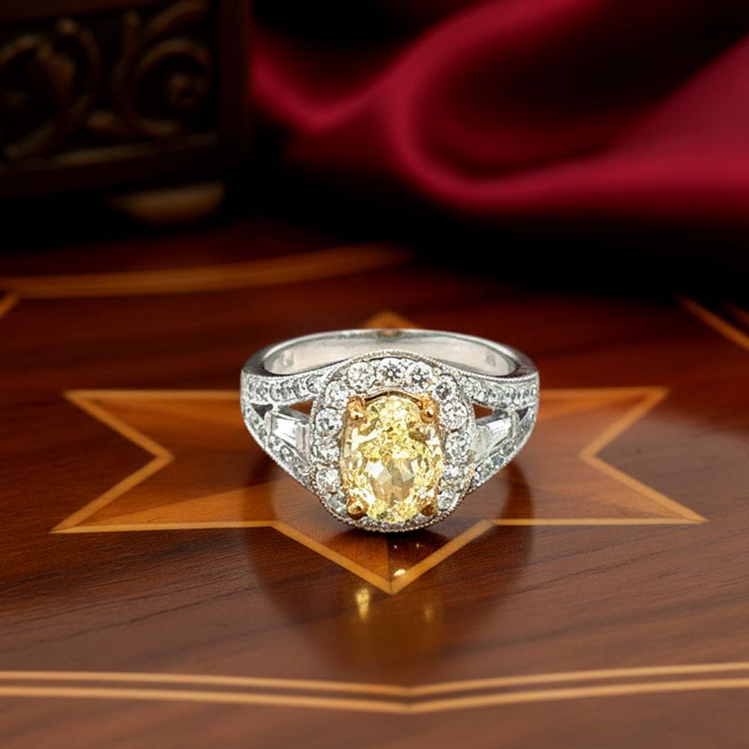 2.00ct Fancy Yellow Oval Diamond Ring in 18K Gold with 1.00ct Halo & Split Shank Diamonds