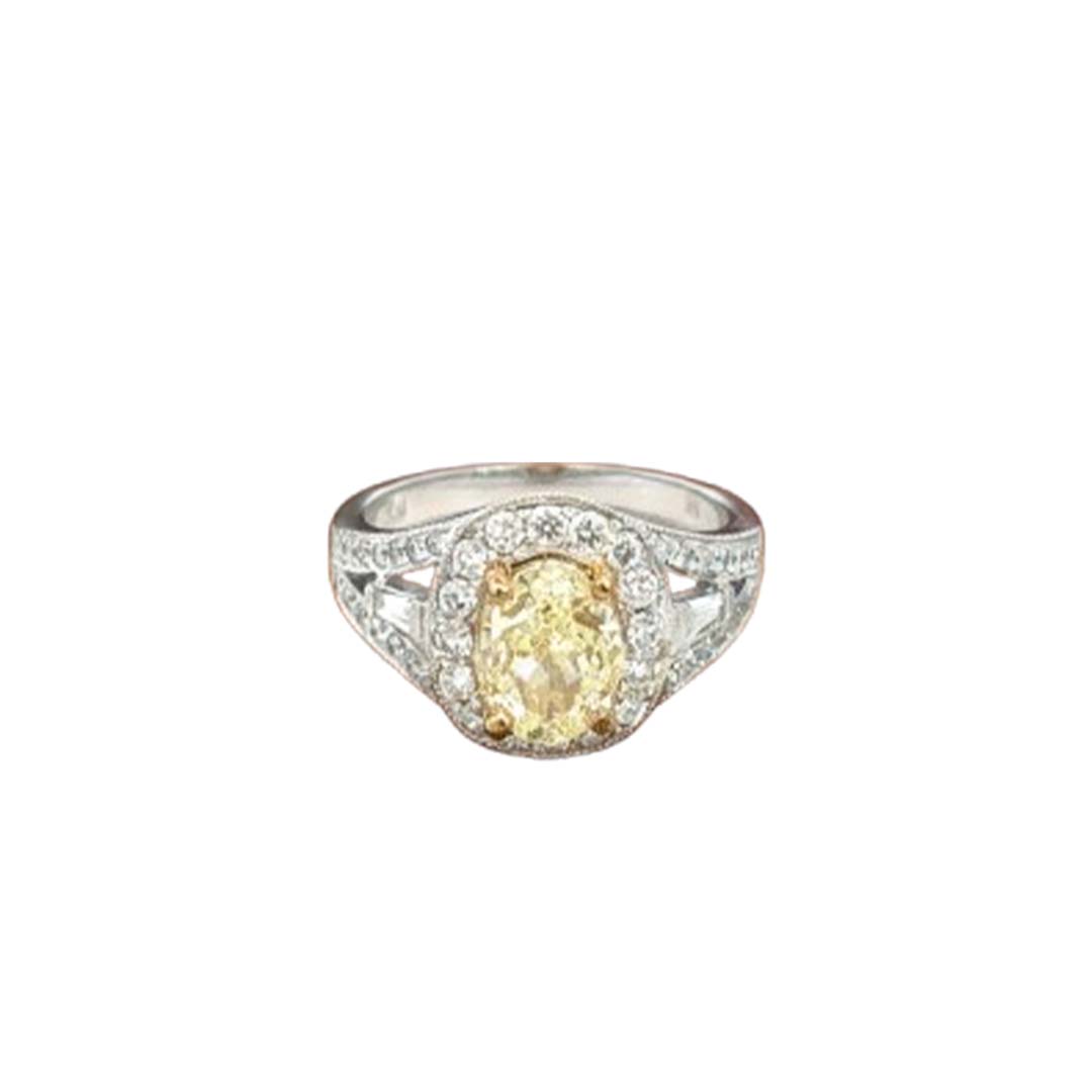 2.00ct Fancy Yellow Oval Diamond Ring in 18K Gold with 1.00ct Halo & Split Shank Diamonds