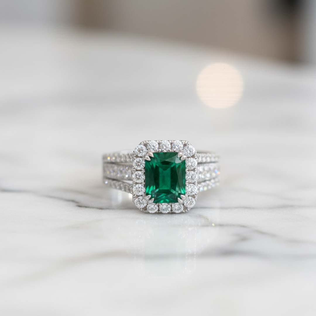 18K White Gold 2.44 Carat Emerald-Cut Emerald Halo Diamond Ring