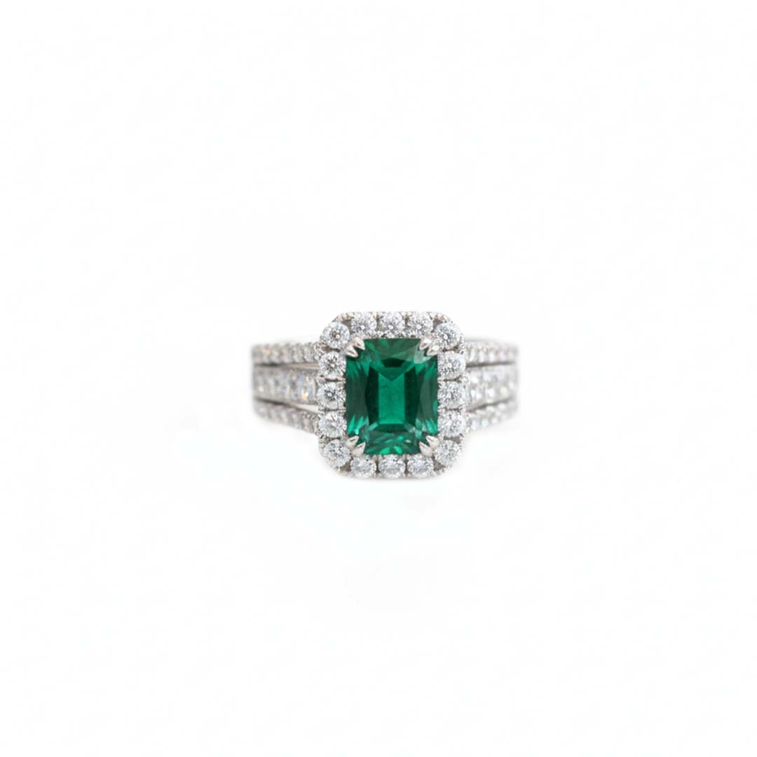 18K White Gold 2.44 Carat Emerald-Cut Emerald Halo Diamond Ring