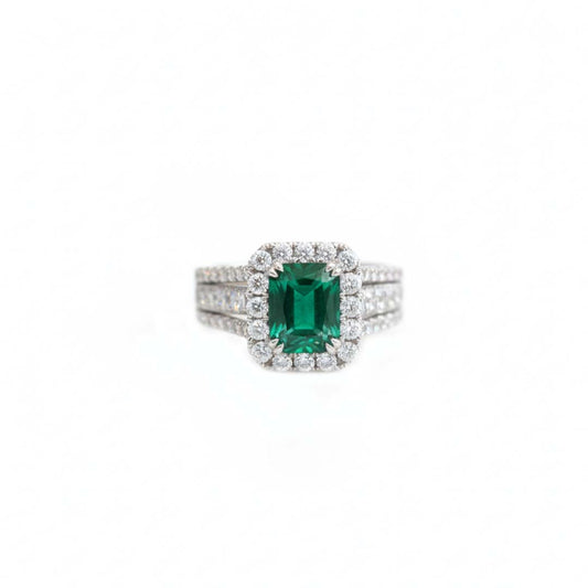 18K White Gold 2.44 Carat Emerald-Cut Emerald Halo Diamond Ring