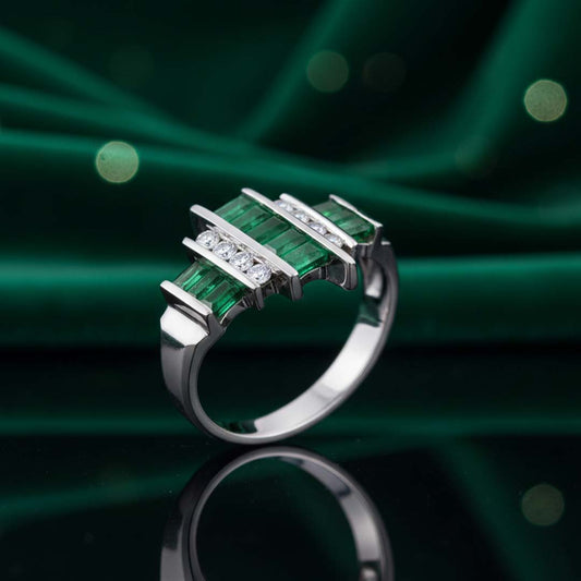 14KT WG Ring with 0.81 CT Emerald-Cut Emerald and 0.21 CT Total Diamond Weight