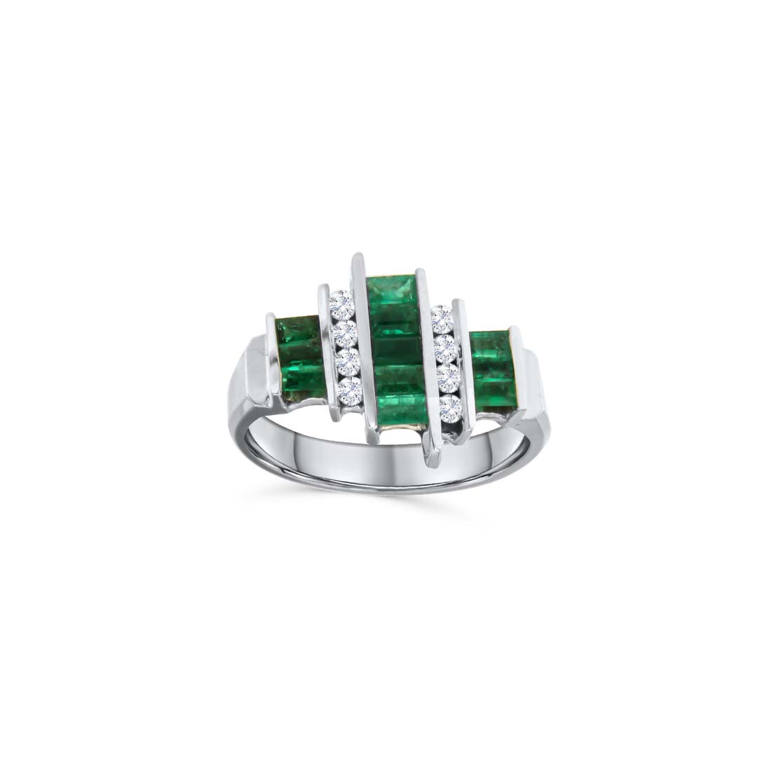 14KT WG Ring with 0.81 CT Emerald-Cut Emerald and 0.21 CT Total Diamond Weight