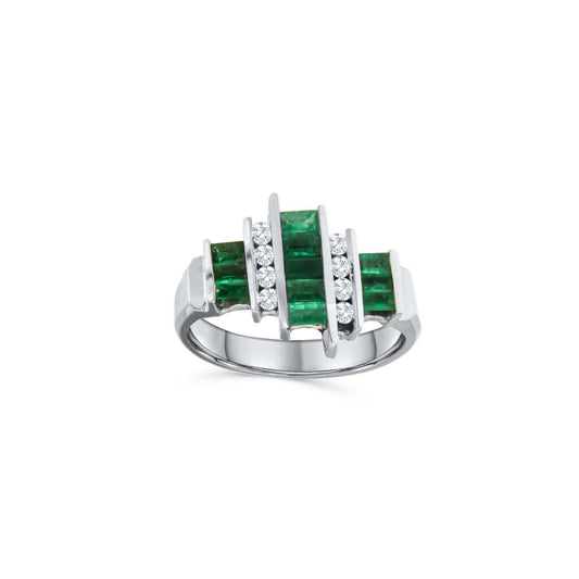 14KT WG Ring with 0.81 CT Emerald-Cut Emerald and 0.21 CT Total Diamond Weight