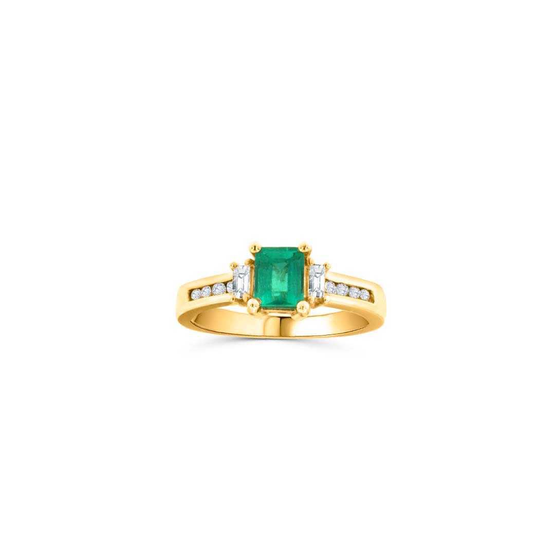 Emerald-Cut Emerald Ring with Baguette & Channel-Set Round Diamonds in 14K Yellow Gold