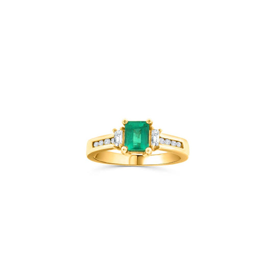 Emerald-Cut Emerald Ring with Baguette & Channel-Set Round Diamonds in 14K Yellow Gold
