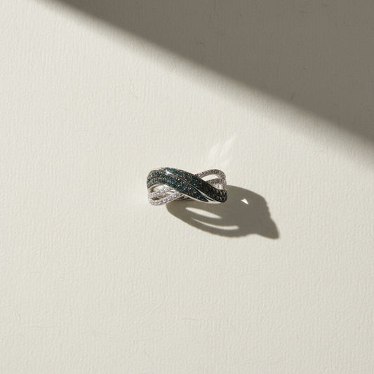 14K White Gold Ring with 0.63 CT Blue & 0.34 CT White Diamonds – Wave Design