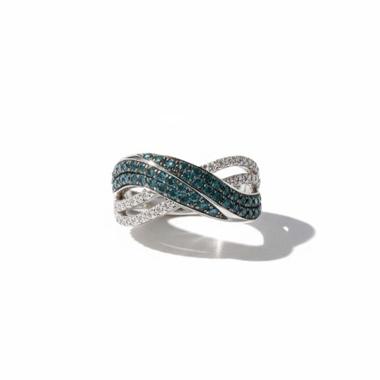 14K White Gold Ring with 0.63 CT Blue & 0.34 CT White Diamonds – Wave Design