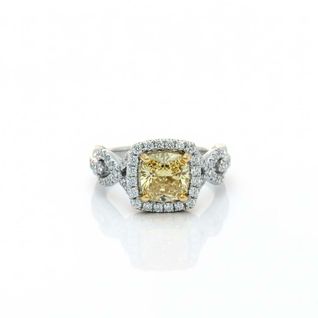 2.00ct Fancy Yellow Cushion-Cut Diamond Ring in 18K Gold with Halo & Twist Side Diamonds