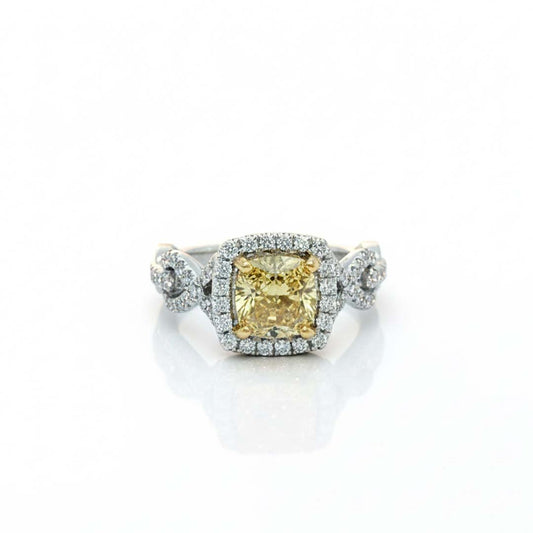 2.00ct Fancy Yellow Cushion-Cut Diamond Ring in 18K Gold with Halo & Twist Side Diamonds