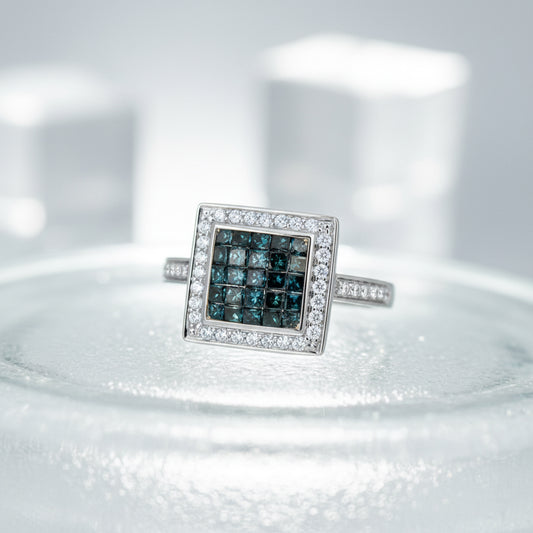 14K White Gold Blue & White Diamond Square Cluster Ring – 1.21 Total Carats of Modern Elegance
