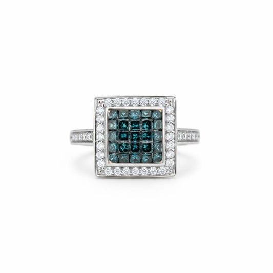 14K White Gold Blue & White Diamond Square Cluster Ring – 1.21 Total Carats of Modern Elegance