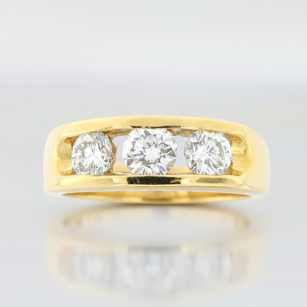 14KT Gold Diamond Ring with 1.55 CT Natural Diamonds – Gold Band with Three Round-Cut Diamonds