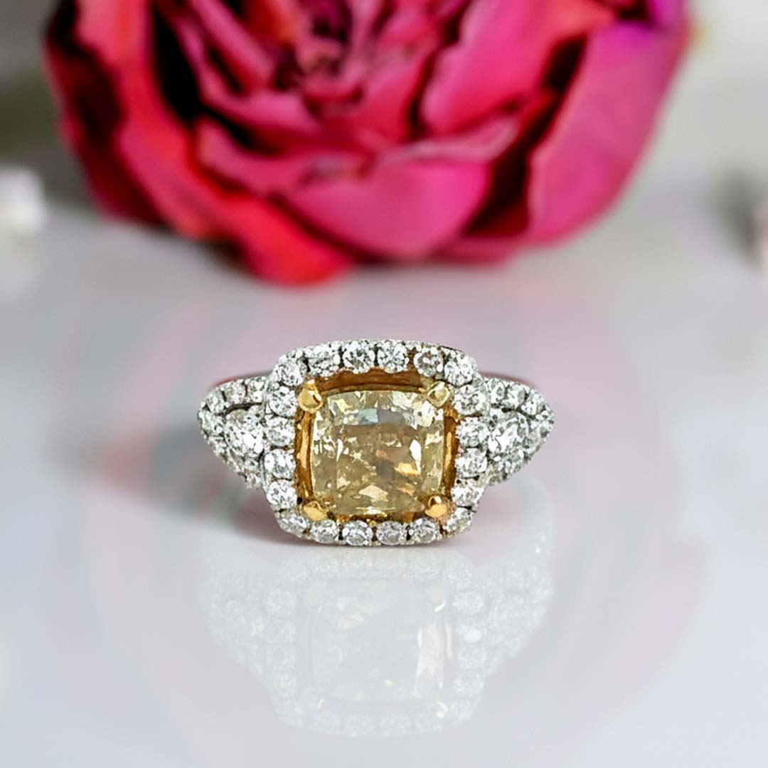 3.00ct Fancy Yellow Cushion-Cut Diamond Ring in 18K Gold with Halo & Pavé Side Diamonds