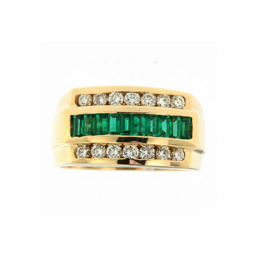 14KT Yellow Gold Men’s Ring – 1.25ct Emerald Center Framed by 0.95ct White Diamonds