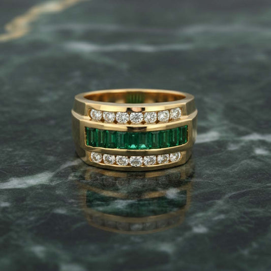 14KT Yellow Gold Men’s Ring – 1.25ct Emerald Center Framed by 0.95ct White Diamonds