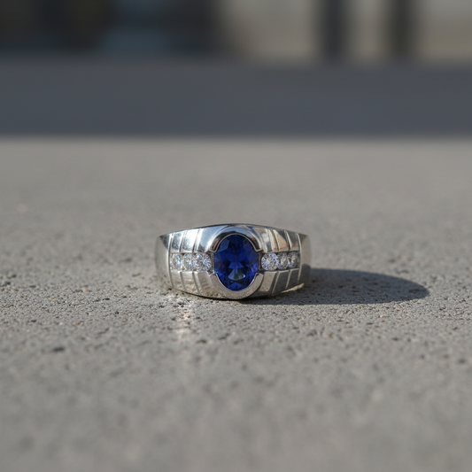 14KT Gold Men’s Ring Featuring 1.25ct Vivid Tanzanite and 0.54ct Sparkling Diamonds